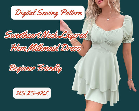 Patrón de costura de vestido, falda de doble capa, PDF, espalda abullonada con lazo, mangas XS-4XL, vestido de fiesta fácil de coser, vestido de escote corazón, plantilla de vestido
