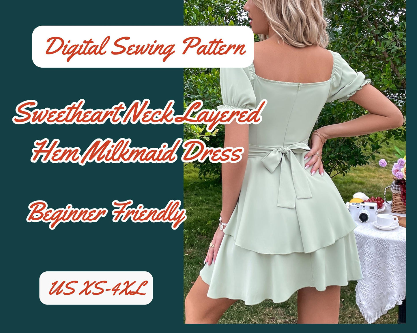 Patrón de costura de vestido, falda de doble capa, PDF, espalda abullonada con lazo, mangas XS-4XL, vestido de fiesta fácil de coser, vestido de escote corazón, plantilla de vestido