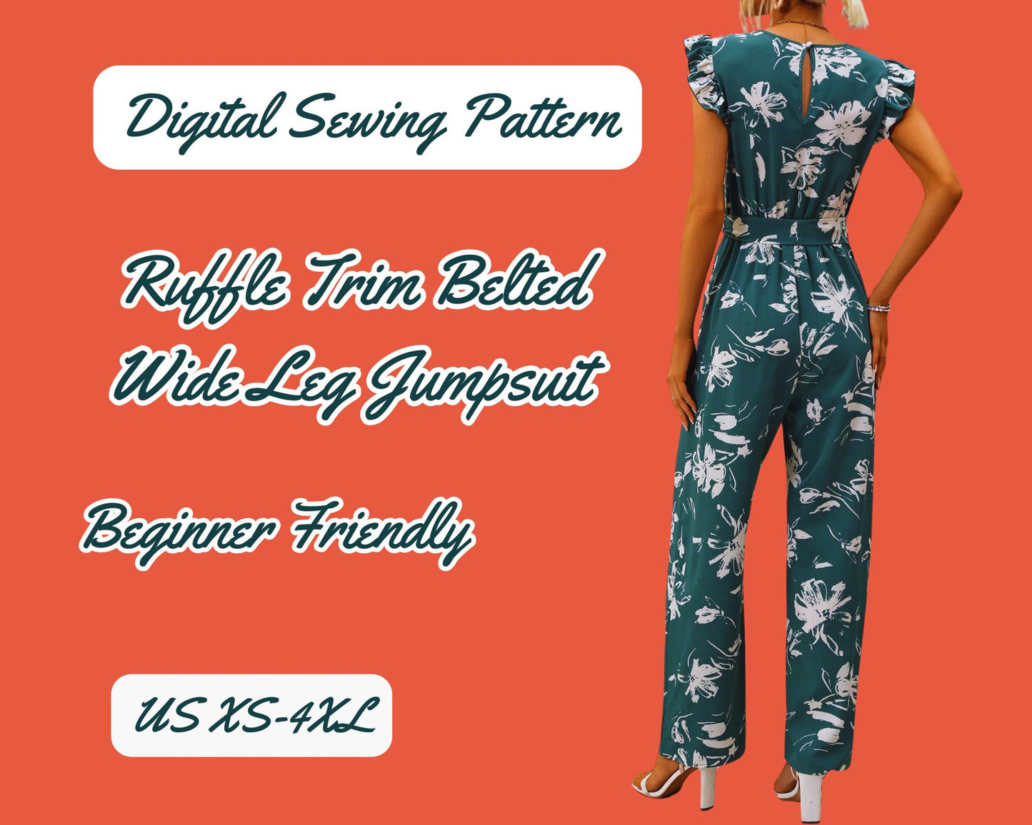 Wide leg jumpsuit pattern belt on waist ruffle sleeve side pocket Overalls digital pattern S-XXL