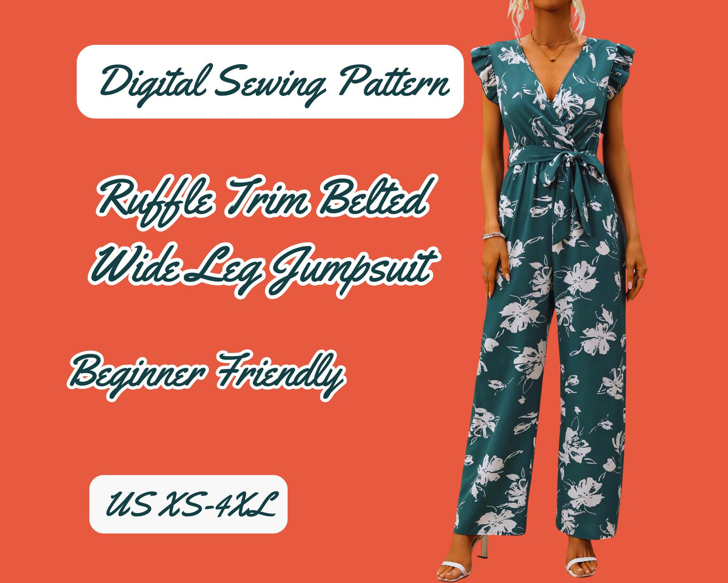 Wide leg jumpsuit pattern belt on waist ruffle sleeve side pocket Overalls digital pattern S-XXL