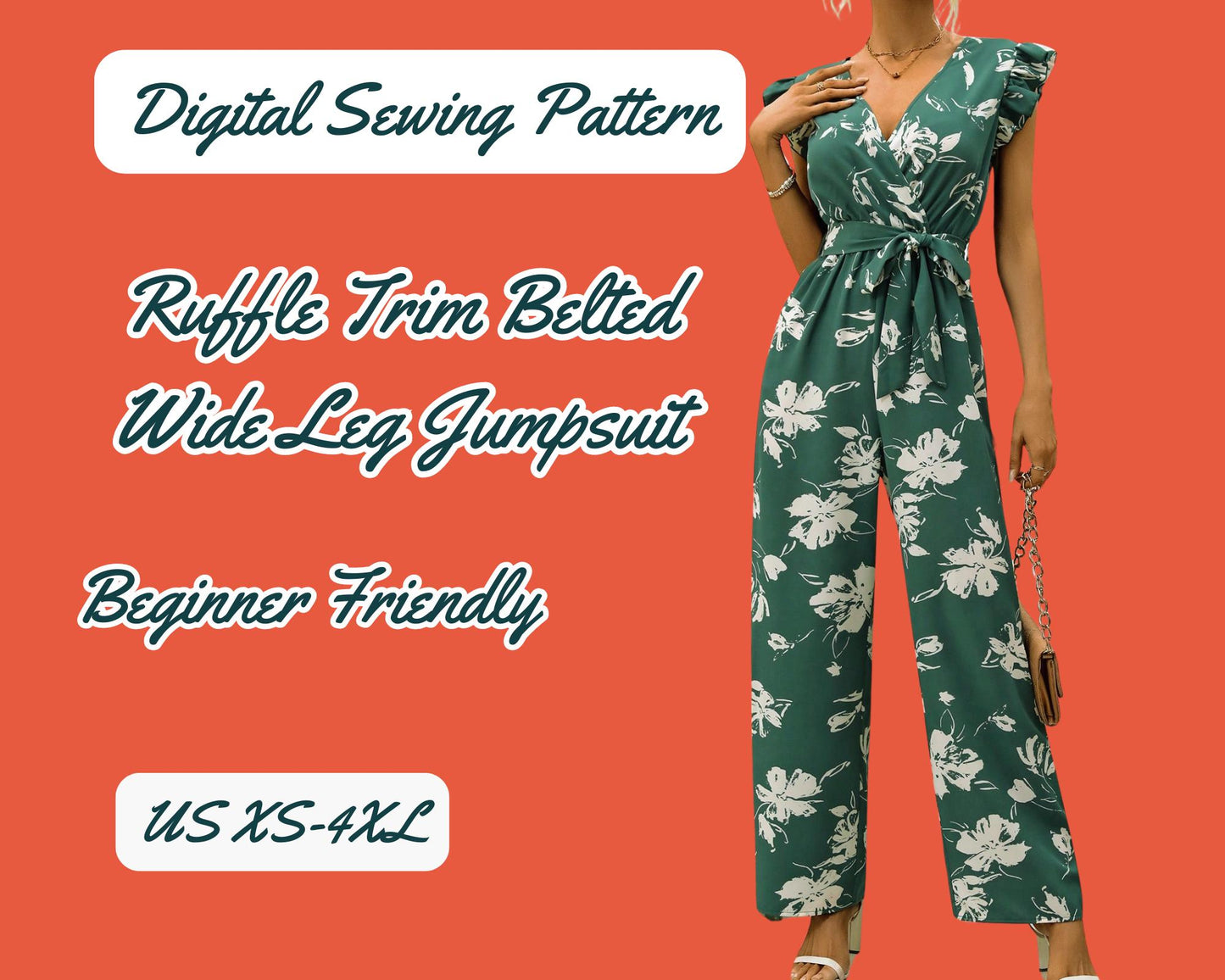 Wide leg jumpsuit pattern belt on waist ruffle sleeve side pocket Overalls digital pattern S-XXL