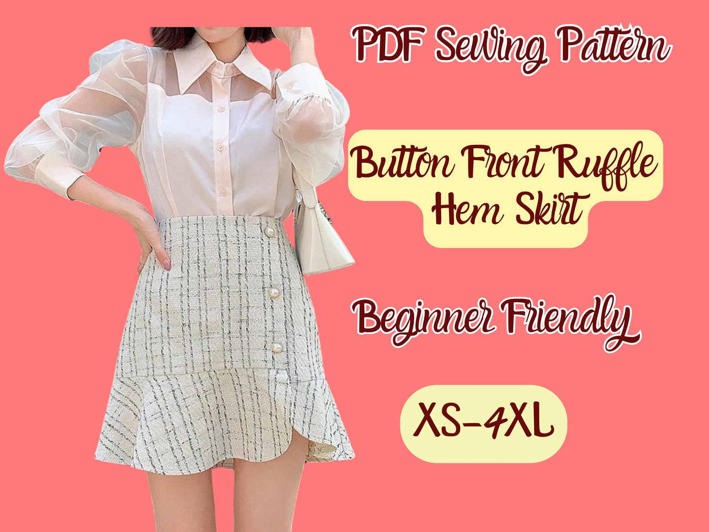 Skirt Sewing Pattern, Ruffle Hem, Button Front, PDF Xs-4XL, Casual Skirt, DIY, Aline Mini Skirt