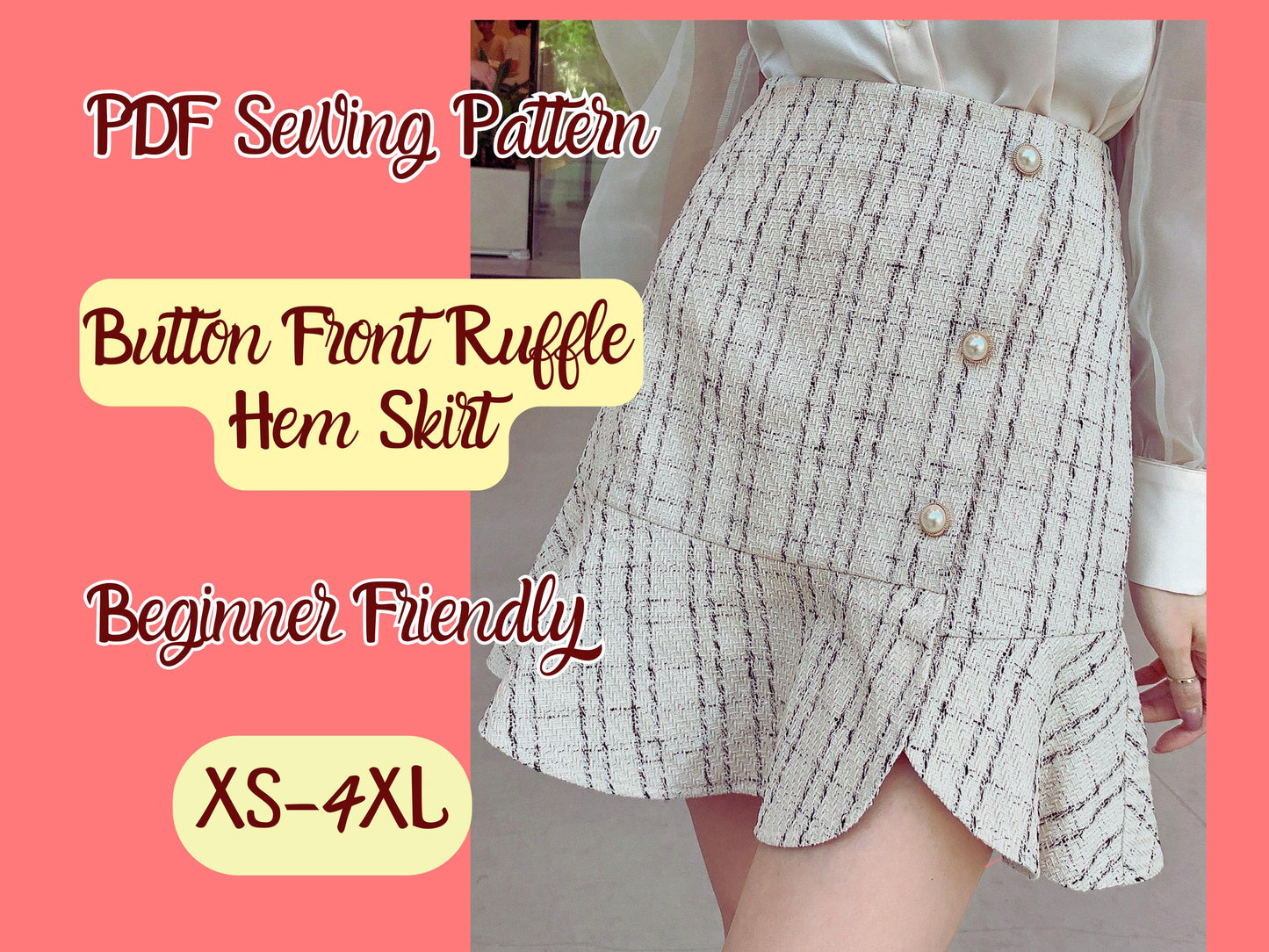 Skirt Sewing Pattern, Ruffle Hem, Button Front, PDF Xs-4XL, Casual Skirt, DIY, Aline Mini Skirt
