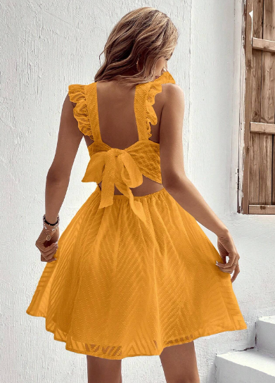 Tie Backless Dress Pattern Ruffle Sleeve Trim A-line PDF Sewing Pattern XS-4XL Woman Mini Vacation Wear lace fabric