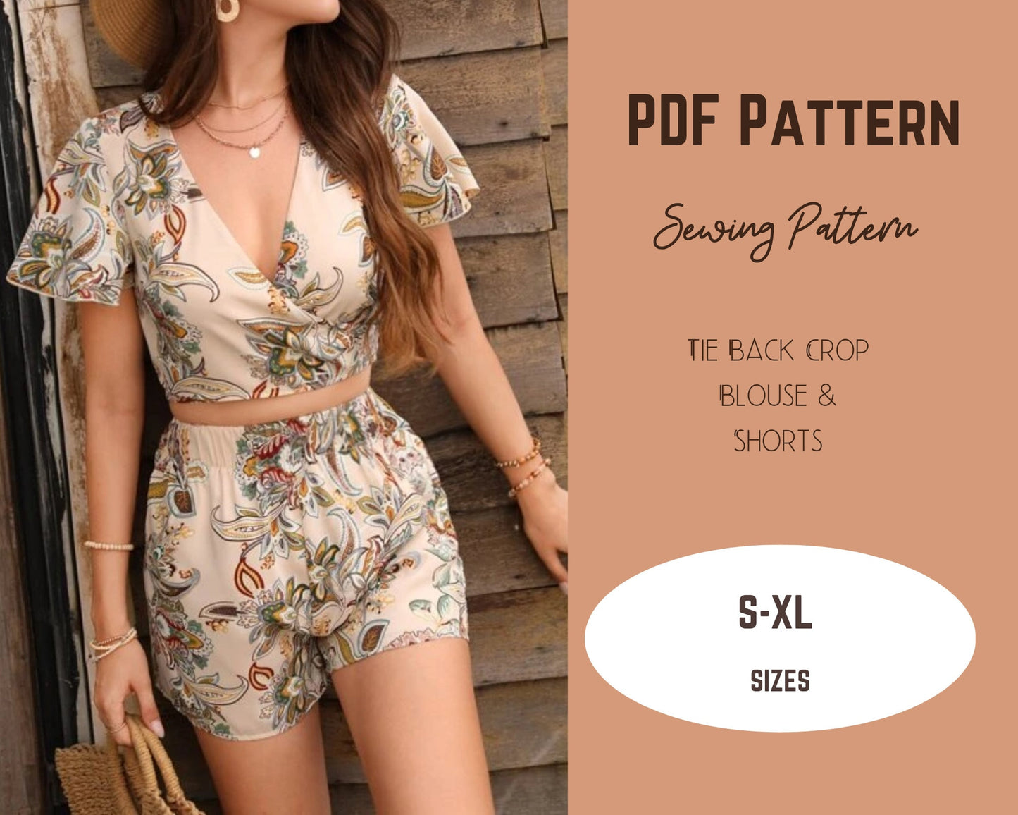 Patrón de costura para conjunto de top y pantalón corto con lazo delantero y mangas acampanadas elásticas Patrón PDF S-3XL