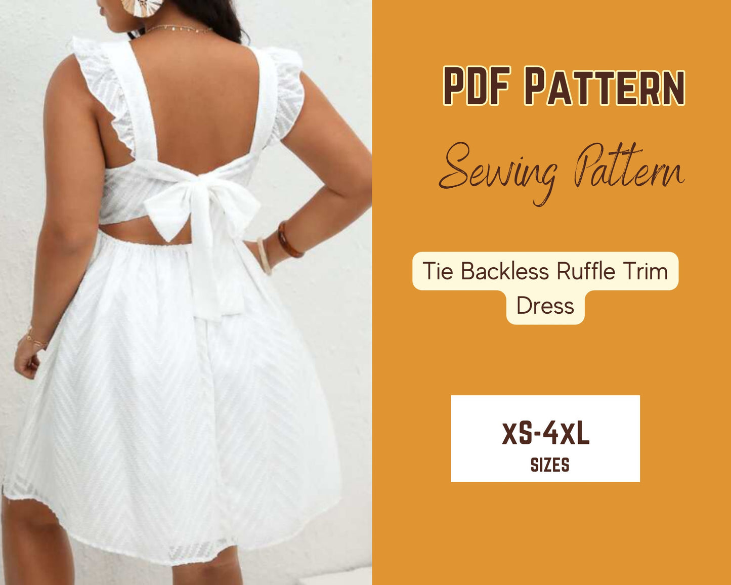 Tie Backless Dress Pattern Ruffle Sleeve Trim A-line PDF Sewing Pattern XS-4XL Woman Mini Vacation Wear lace fabric
