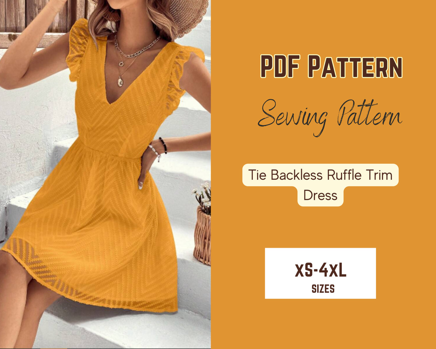Tie Backless Dress Pattern Ruffle Sleeve Trim A-line PDF Sewing Pattern XS-4XL Woman Mini Vacation Wear lace fabric
