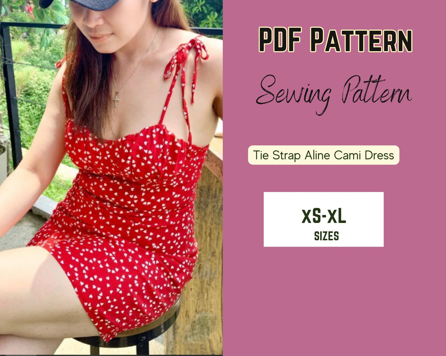 Patrón de vestido de mujer, vestido sin mangas, tirante de lazo, bustier digital, descarga PDF XS-XL, minivestido, atuendo de verano,