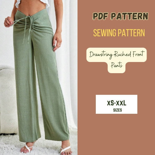 Patrón de pantalón de mujer con fruncido delantero, holgado, PDF digital, tallas XS-XXL, pierna recta, pantalones cómodos, moda de tendencia.