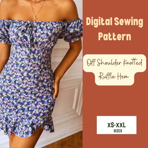 Patrón de vestido con hombros descubiertos, mangas abullonadas, elástico, sexy, PDF, tallas XS-XXL, con lazo delantero, dobladillo con volantes, plantilla para mujer