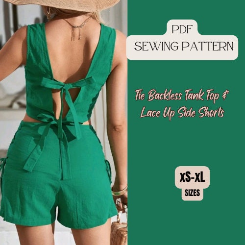 Schnittmuster für rückenfreies Top zum Binden und Shorts mit seitlicher Schnürung, XL bis XL, Damen-Set