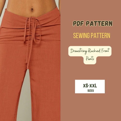 Patrón de pantalón de mujer con fruncido delantero, holgado, PDF digital, tallas XS-XXL, pierna recta, pantalones cómodos, moda de tendencia.