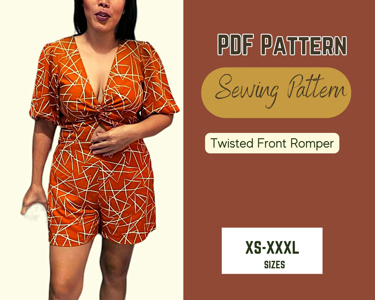Patrón de costura para mono con giro delantero y mono con mangas abullonadas y escote en V, patrón PDF para tallas XS-XXXL, mono sexy DIY