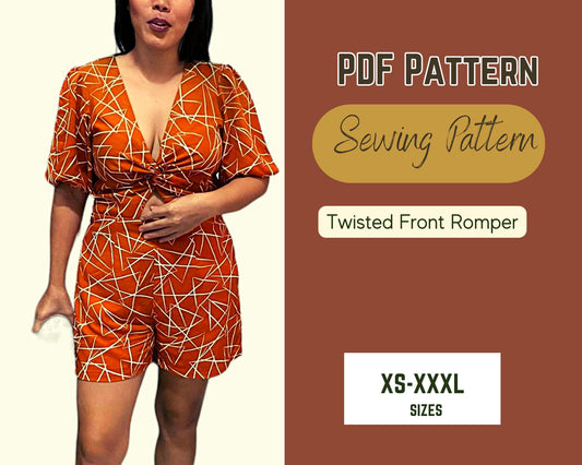 Schnittmuster für Playsuit mit Twist-Front, Plus-Jumpsuit, Puffärmel, V-Ausschnitt, PDF-Muster, XS-XXXL, DIY, sexy Strampler