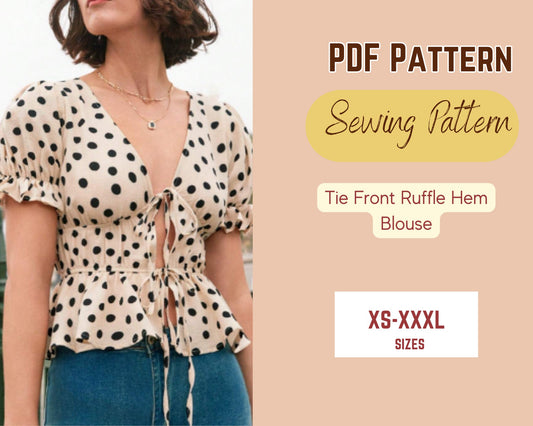 Schnittmuster für Bluse mit Bindeband vorne, PDF, XS-XXXL, Oberteil für Damen und Teenager, Volantsaum, tiefer Ausschnitt, Kordelzug vorne