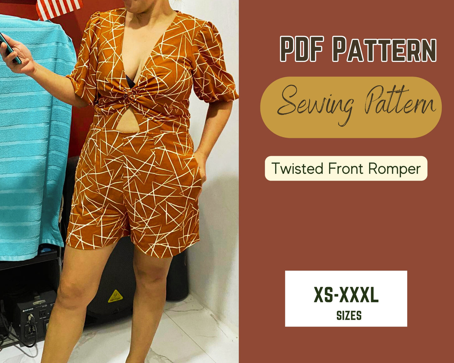 Patrón de costura para mono con giro delantero y mono con mangas abullonadas y escote en V, patrón PDF para tallas XS-XXXL, mono sexy DIY