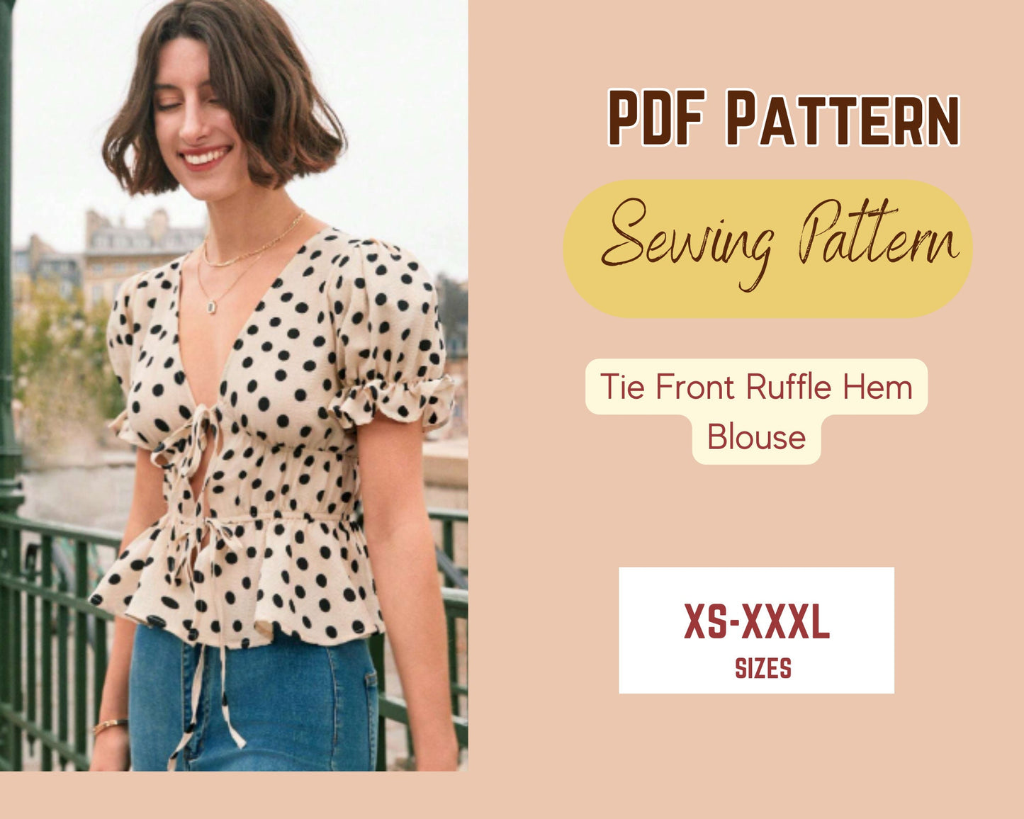 Schnittmuster für Bluse mit Bindeband vorne, PDF, XS-XXXL, Oberteil für Damen und Teenager, Volantsaum, tiefer Ausschnitt, Kordelzug vorne