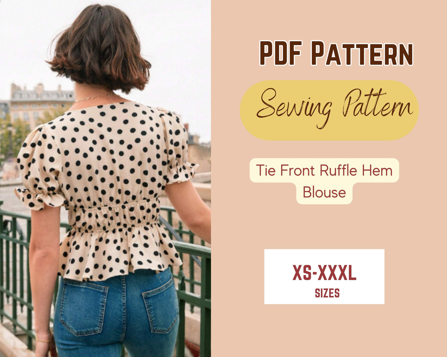 Schnittmuster für Bluse mit Bindeband vorne, PDF, XS-XXXL, Oberteil für Damen und Teenager, Volantsaum, tiefer Ausschnitt, Kordelzug vorne