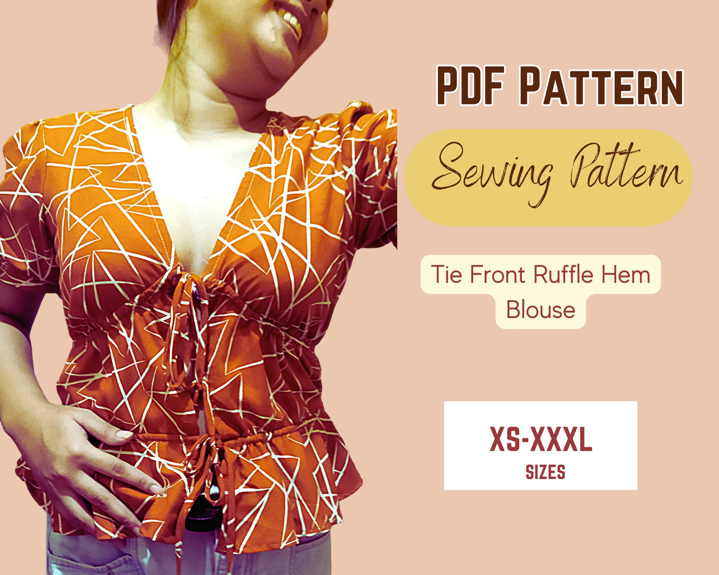 Schnittmuster für Bluse mit Bindeband vorne, PDF, XS-XXXL, Oberteil für Damen und Teenager, Volantsaum, tiefer Ausschnitt, Kordelzug vorne