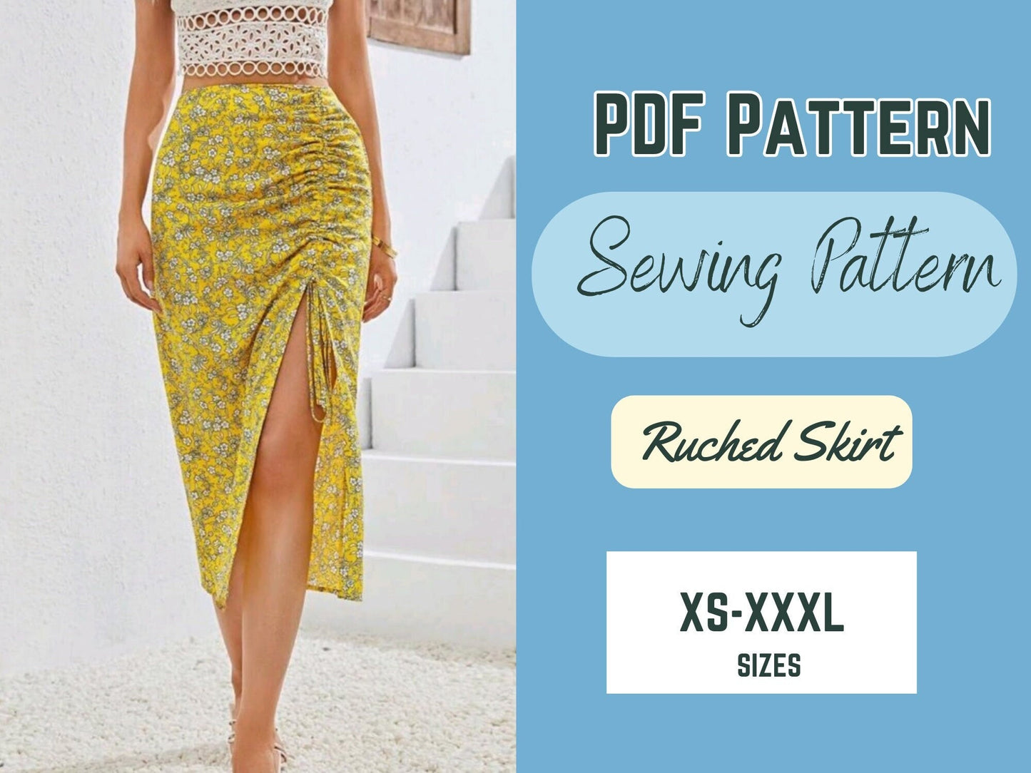 Patrón de costura de falda PDF XS-XXXL Falda con cordón Moda para mujer, Diseño moderno, Patrón fácil de coser, abertura lateral, drapeado fruncido