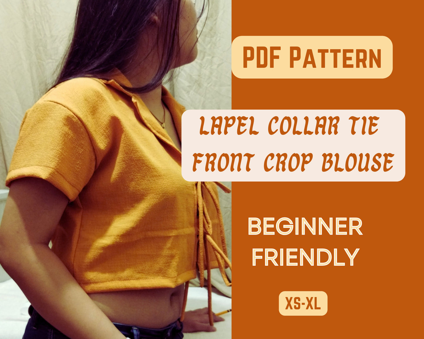 Patrón de costura para blusa con cuello de solapa, camiseta, descarga digital, camisa XS-XL, ropa para adolescentes, patrón en PDF, blusa con mangas anudadas al frente, top corto