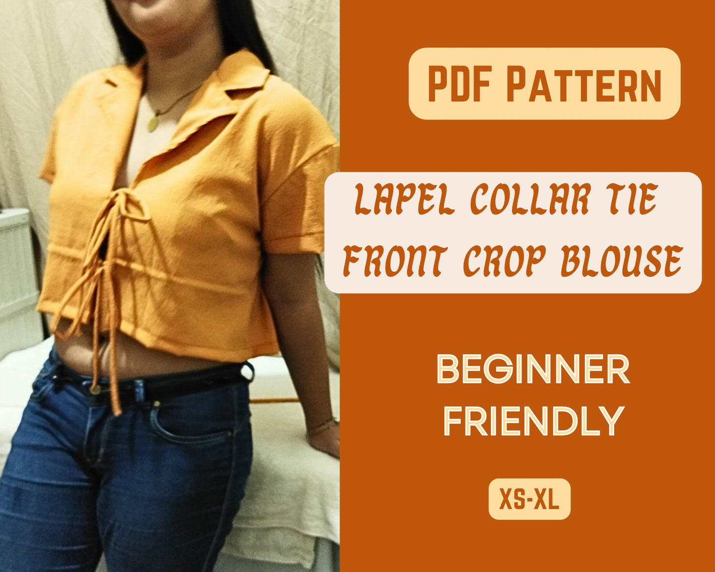 Patrón de costura para blusa con cuello de solapa, camiseta, descarga digital, camisa XS-XL, ropa para adolescentes, patrón en PDF, blusa con mangas anudadas al frente, top corto