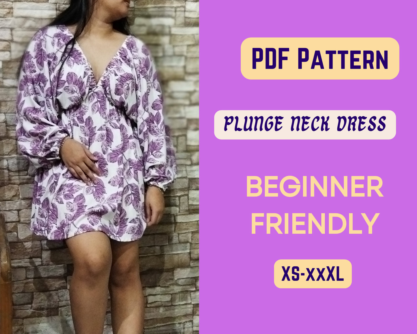 Schnittmuster für Kleid mit tiefem Ausschnitt, Urlaubskleid, PDF-Muster, Sexy Damenmode, XS-XXXL, Umstandsmode, tiefer V-Ausschnitt