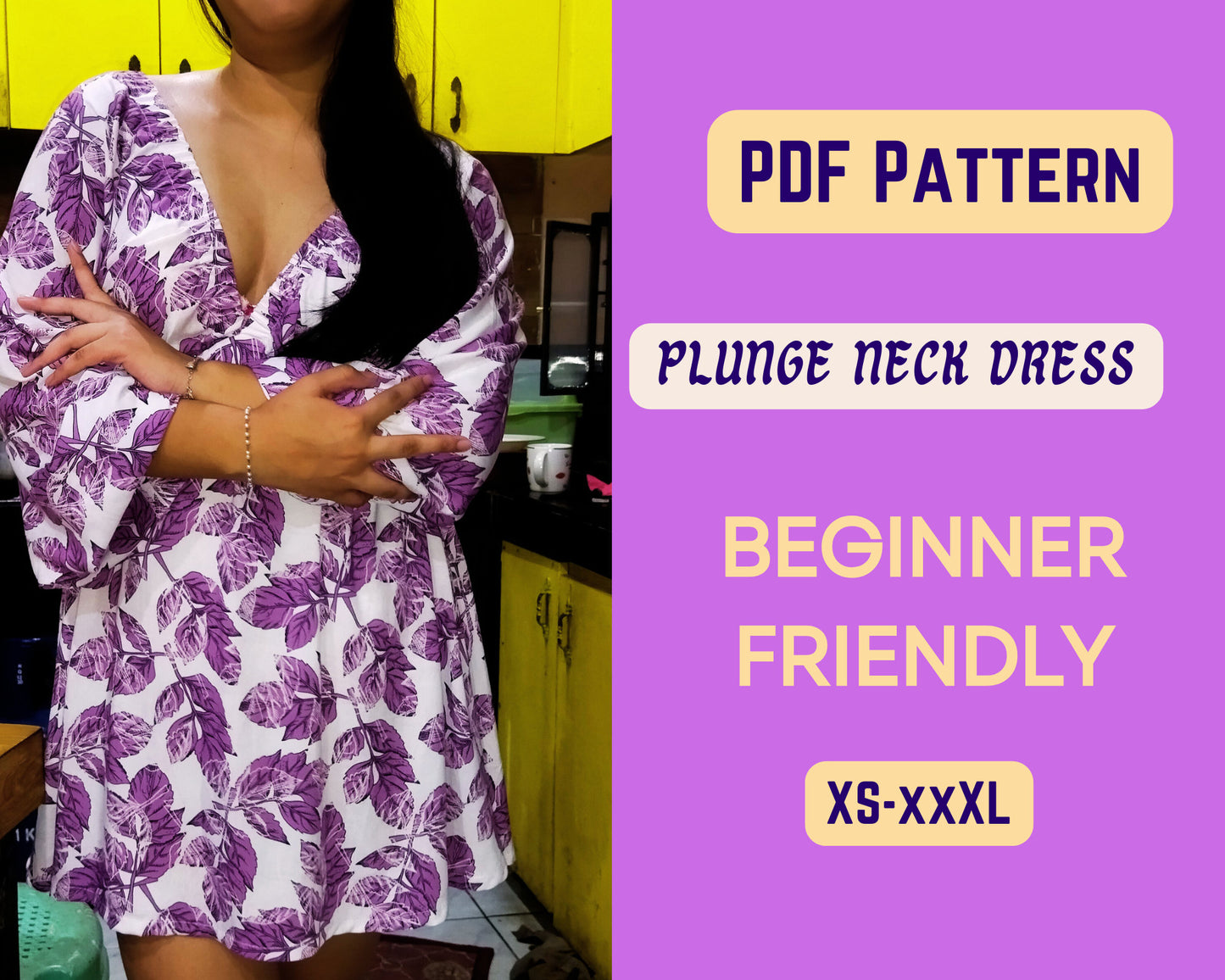 Schnittmuster für Kleid mit tiefem Ausschnitt, Urlaubskleid, PDF-Muster, Sexy Damenmode, XS-XXXL, Umstandsmode, tiefer V-Ausschnitt