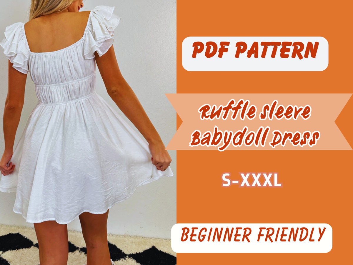 Patrón de vestido con mangas con volantes, tallas XS-XXXL, patrón digital en PDF, ropa para fiestas, cintura elástica, patrón fácil para mujer, vestido babydoll