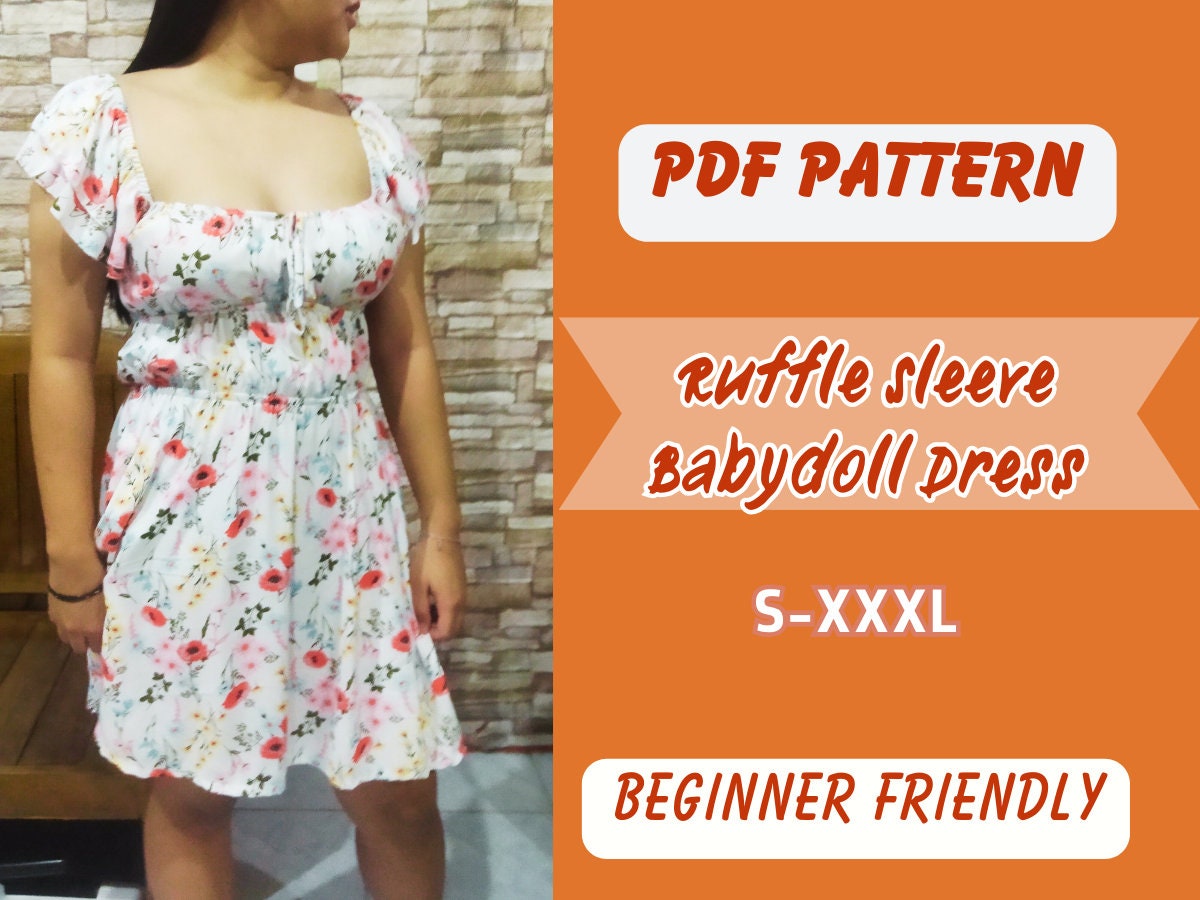 Patrón de vestido con mangas con volantes, tallas XS-XXXL, patrón digital en PDF, ropa para fiestas, cintura elástica, patrón fácil para mujer, vestido babydoll
