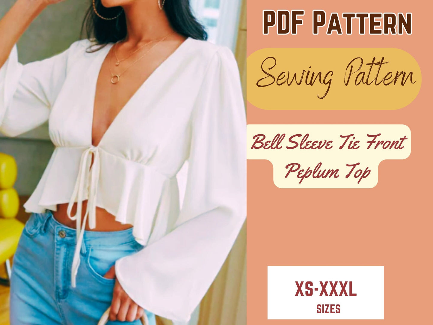 Patrón de costura para blusa con mangas acampanadas, lazo delantero, peplum, volantes en el bajo, tallas XS-XXXL, escote en V profundo.