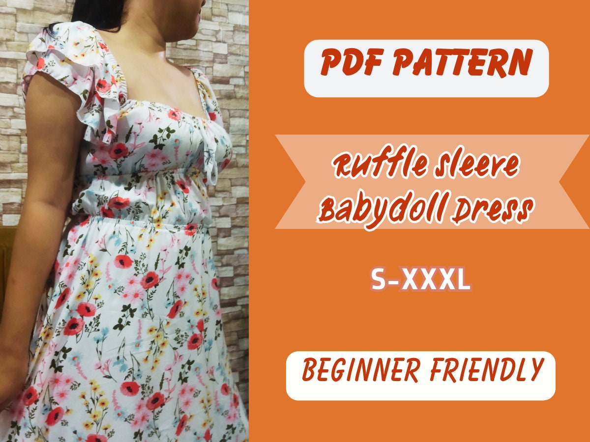 Patrón de vestido con mangas con volantes, tallas XS-XXXL, patrón digital en PDF, ropa para fiestas, cintura elástica, patrón fácil para mujer, vestido babydoll