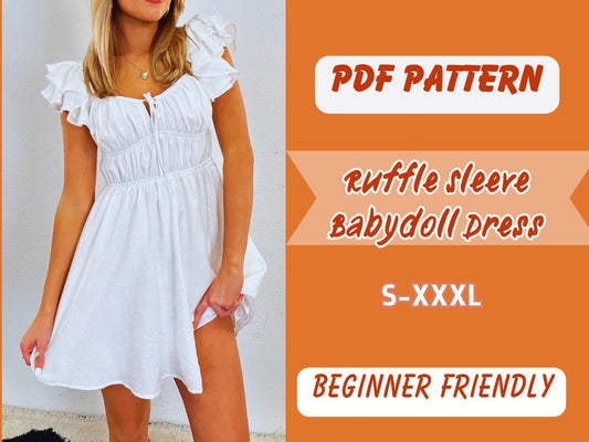 Patrón de vestido con mangas con volantes, tallas XS-XXXL, patrón digital en PDF, ropa para fiestas, cintura elástica, patrón fácil para mujer, vestido babydoll