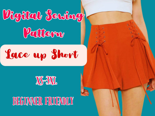 Schnittmuster für Shorts mit weitem Bein, Schnürdetail, digitales Schnittmuster für kurze Hosen mit Ösenfalten, XS-3XL, hohe Taille, Damenhose