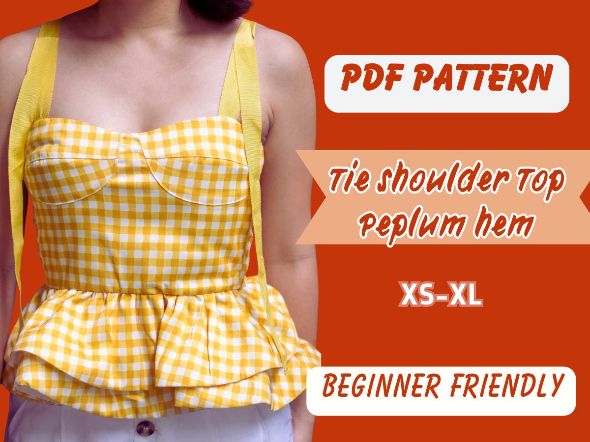 Patrón de costura para top peplum, blusa con tirantes anchos, tallas XS-XL, patrón en PDF, bustier sexy sin relleno, lazo en los hombros.