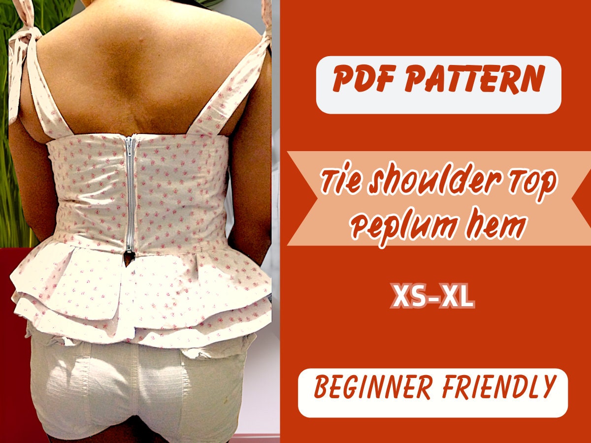 Patrón de costura para top peplum, blusa con tirantes anchos, tallas XS-XL, patrón en PDF, bustier sexy sin relleno, lazo en los hombros.